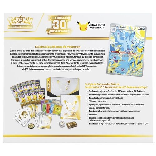 Retro della confezione spagnola con Nidorina e contenuto della Elite Trainer Box del 30° anniversario